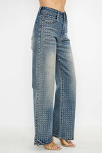 Med Denim Rhinestone High Waisted Stretch Wide Leg Denim Pants