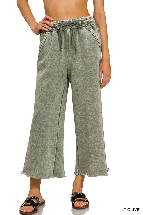 Crop Light Olive Acid Wash Fleece Palazzo Sweatpants With Pockets
