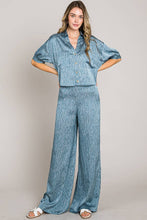 Blue Short sleeve button down crop satin shirt