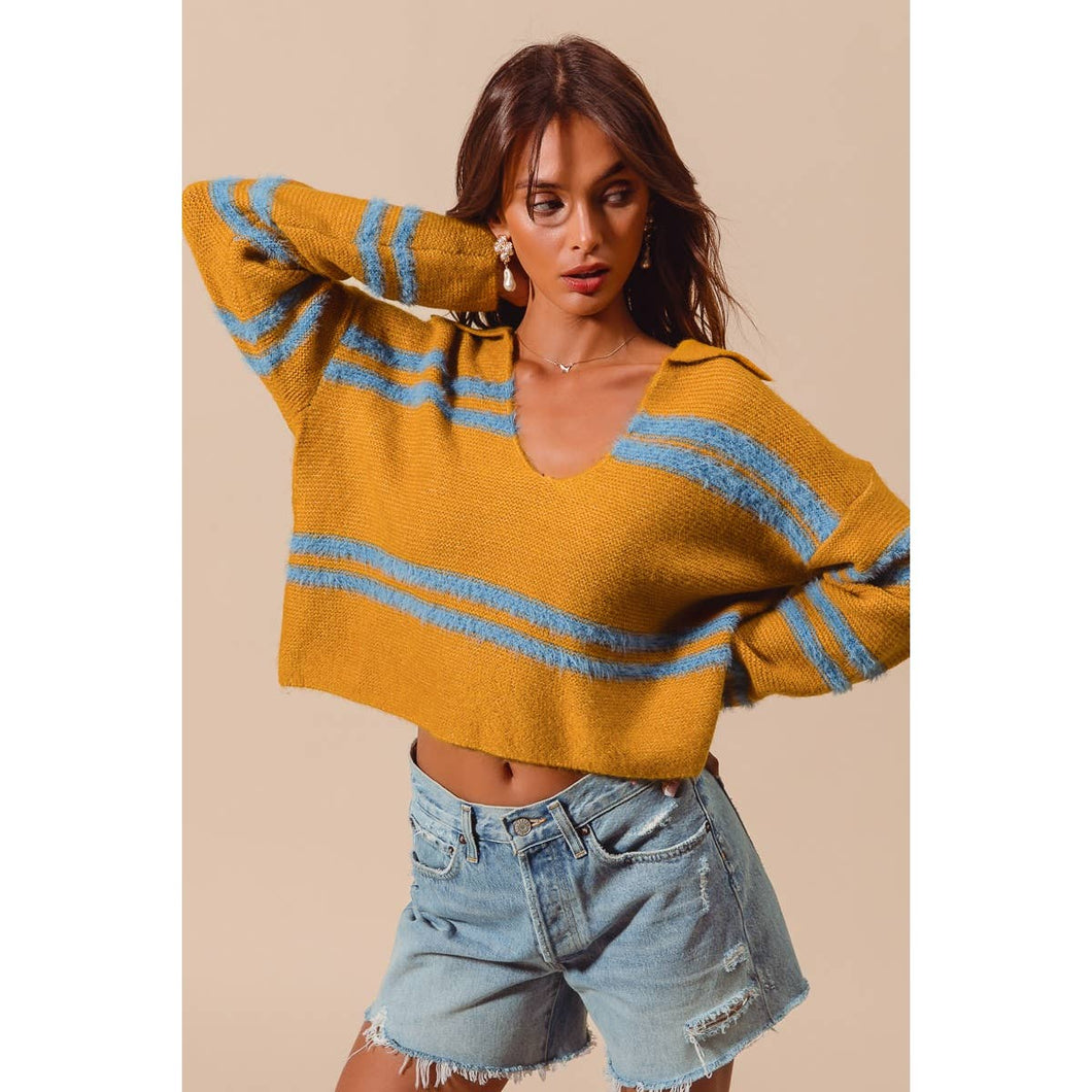 FUZZY HAIRY STRIPE DEEP U NECK SWEATER TOP: MUSTARD/DT BLUE / XL