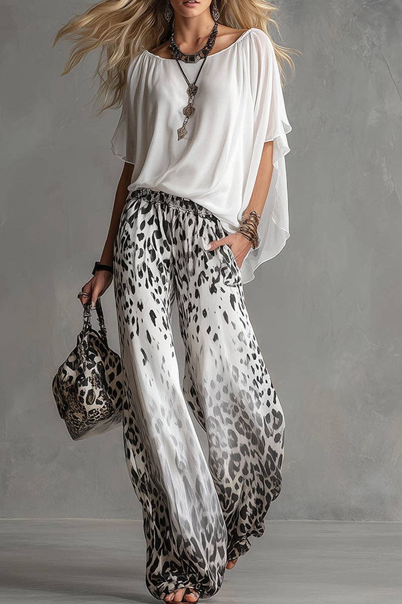 White Chic Leopard Wide-Leg Pants