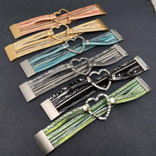 Grey Heart Charm Rhinestone Leather Magnetic Buckle Bracelet