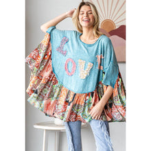 Blue Wahed Round Neck Love Patchwork Ruffle Hem Oli+Hali Top