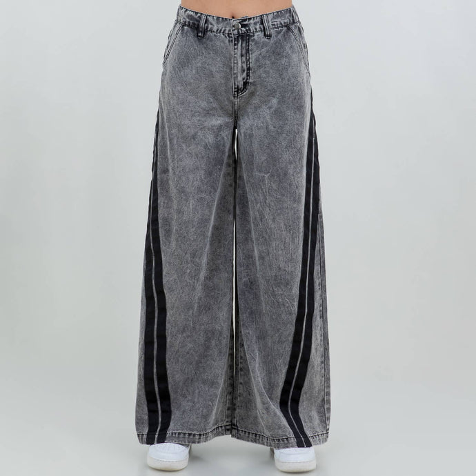 Black Acid Washed Pull On Wide Jeans