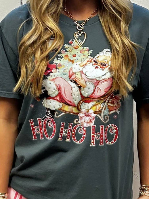 Santa Ho Ho Ho Rhinestone Graphic Christmas Tee
