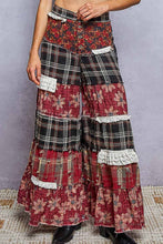 Black Floral Print Ruffle Trim Patchwork Plaid Wide Leg POL Pants
