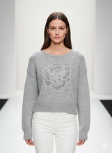 Camellia Rhinestone Sweater Cropped Knit Pullover: Grey / Missy, Contemporary / One Size