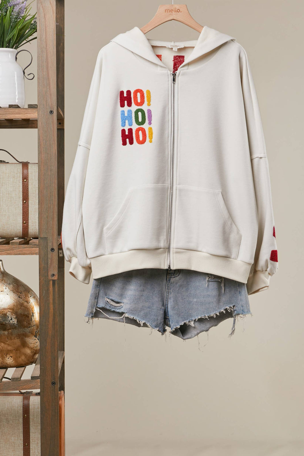 Ivory Multi HoHoHo Christmas Patch Zip-Up Hoodie