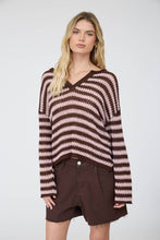 STRIPE RAW EDGE SPLIT NECK SHEER KNIT SWEATER : NAVY