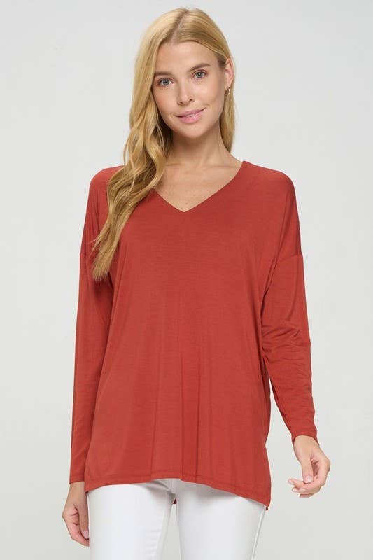 Rust V-Neck Long Sleeve Top