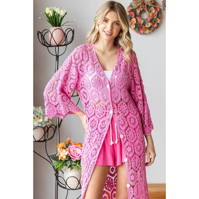Pink Crochet Button Down Long Dress