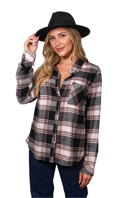 Jet Black Long Sleeve One Pocket Plaid Top