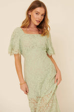 Seagrass Lace Square Neck Flounce Sleeve Fitted Maxi Dress