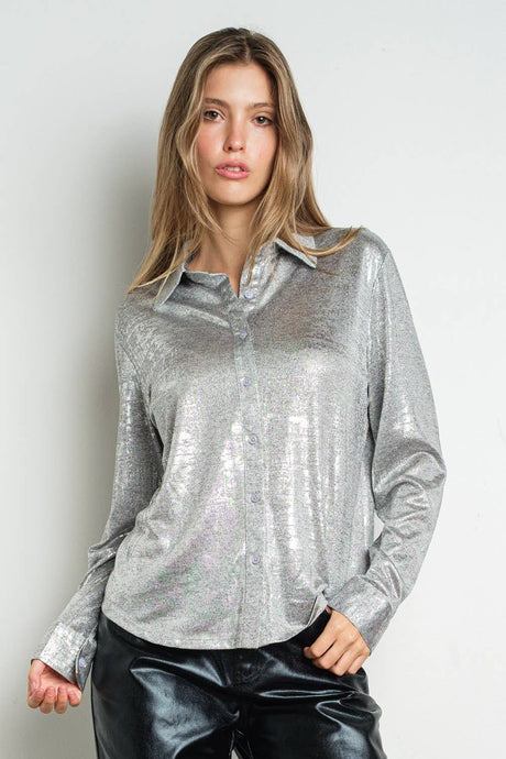 Grey Metallic Foil Knit Button Up Long Sleeve Shirt