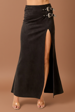Black Western Faux Suede Maxi Skirt with High Slit