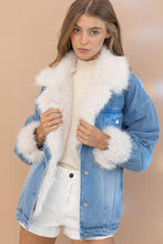 Fur Collared Cuff Over sized Washed Denim Jacket