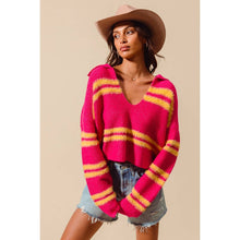 FUZZY HAIRY STRIPE DEEP U NECK SWEATER TOP: MUSTARD/DT BLUE / XL
