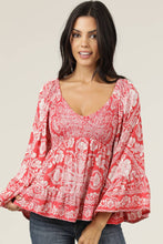 V Neck Smocked Bust Wide Sleeve Top