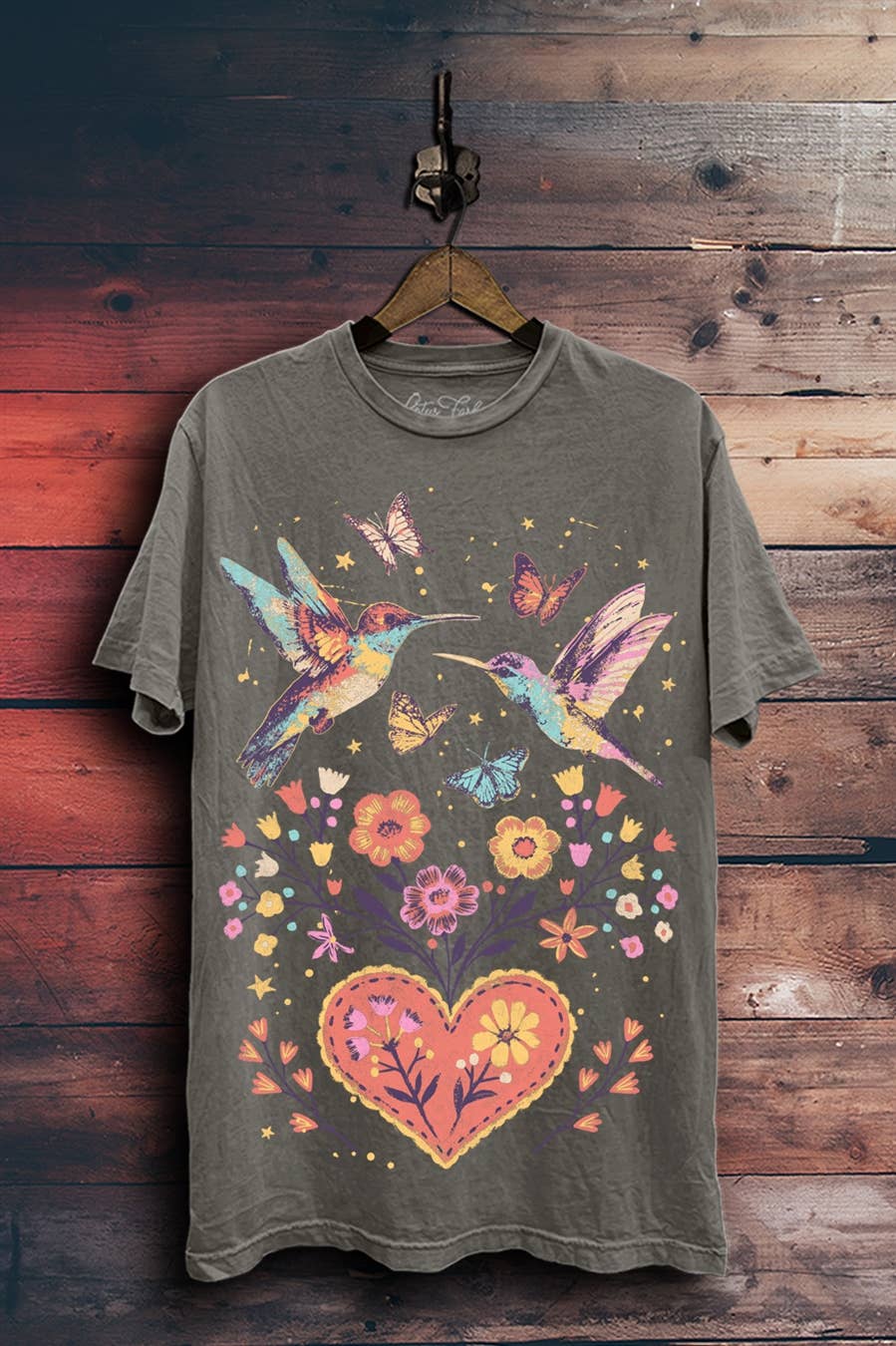 Stone Grey Mineral Wash Birds & Flowers Graphic Top