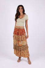 Amber Hue Line Tiered Patchwork Ruffle Maxi Skirt