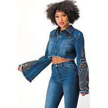 Denim Blue Acid Washed Flare Embroidered Jacket