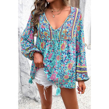 Blue All Over Floral Print Cross Deep V Boho Top