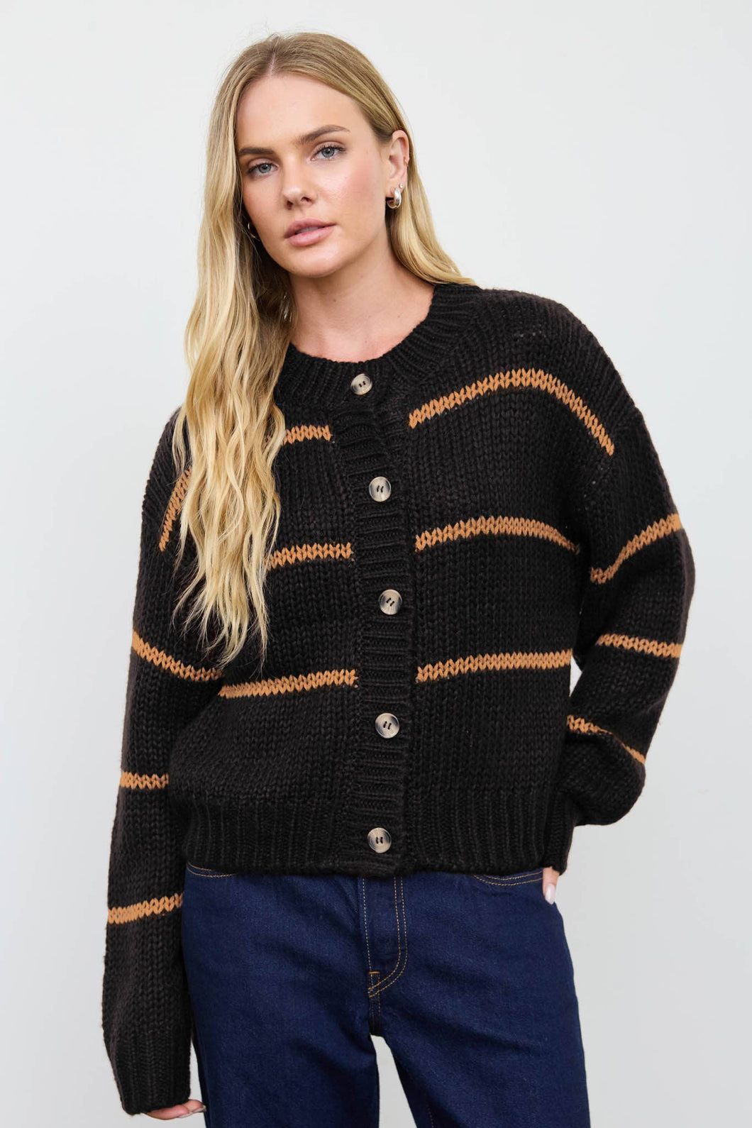 Black Stripe Jacquad Button Down Knit Cardigan