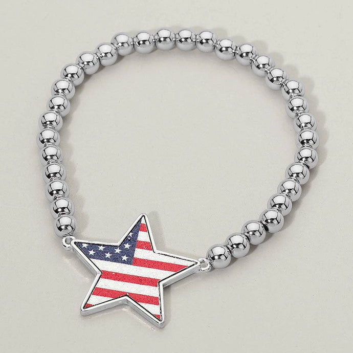 Enamel American USA Flag Star Charm Beaded Stretch Bracelet