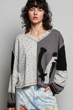 Black Star Patches Balloon Sleeve Deep V Neck Thermal Knit POL Top