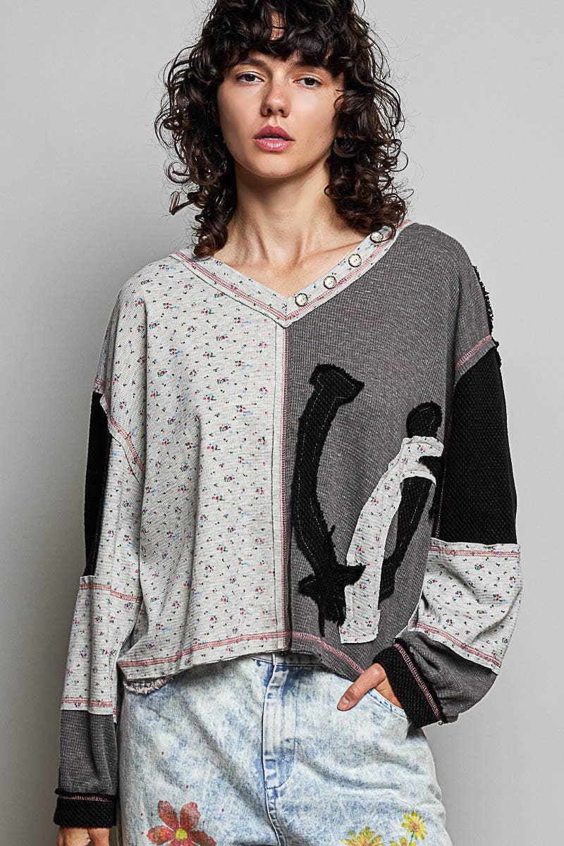 Black Star Patches Balloon Sleeve Deep V Neck Thermal Knit POL Top