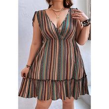 Brown Plus Size Strip Deep V Neck Fit Ruffle Midi Dress