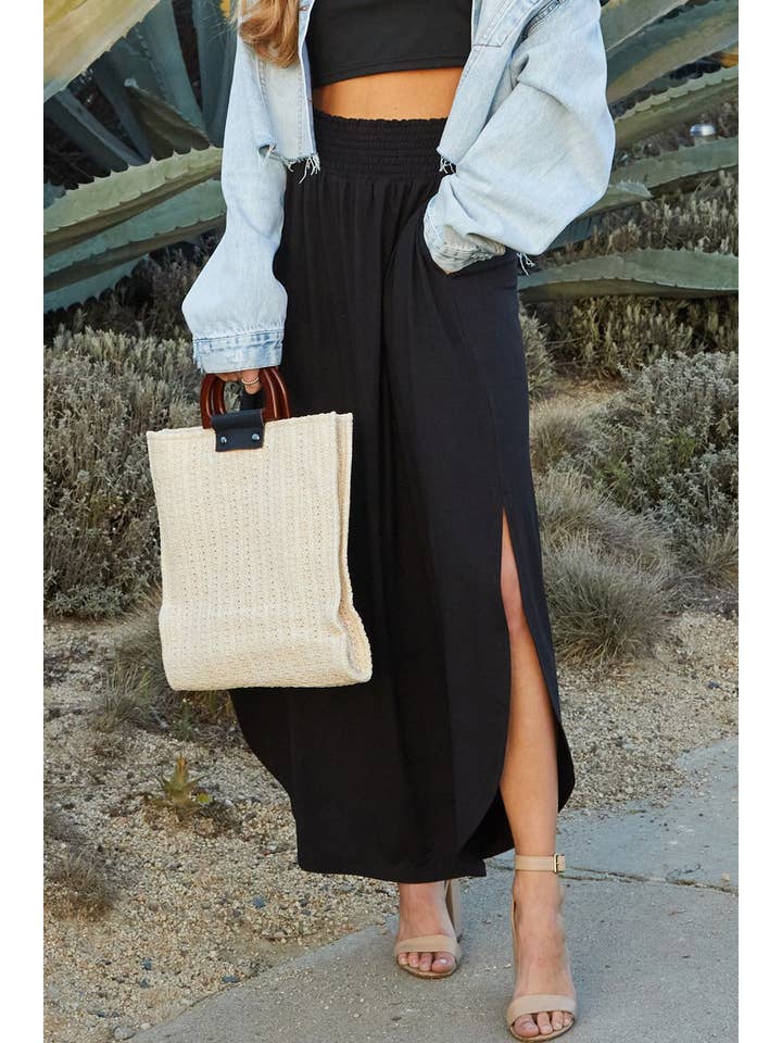 Black Smocking Waist Maxi Skirt