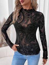 Black Paisley Velvet Print Mesh Top