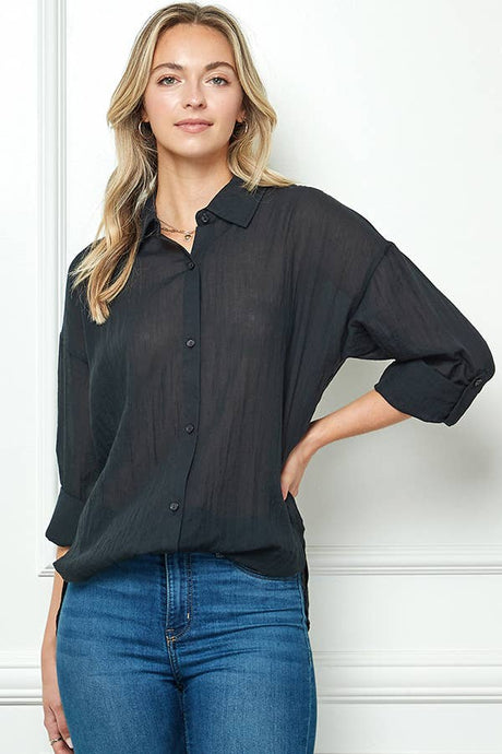 Black Oversize Sheer Button Down Top