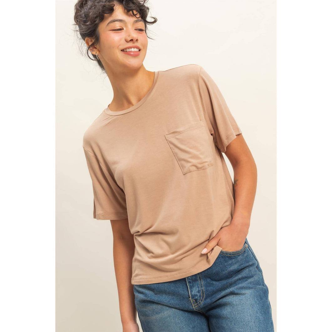 Dark Taupe Classic Crew Neck Short Sleeve Pocket Top