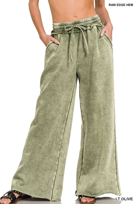 Light Olive Acid Wash Fleece Palazzo Sweatpants With Pockets