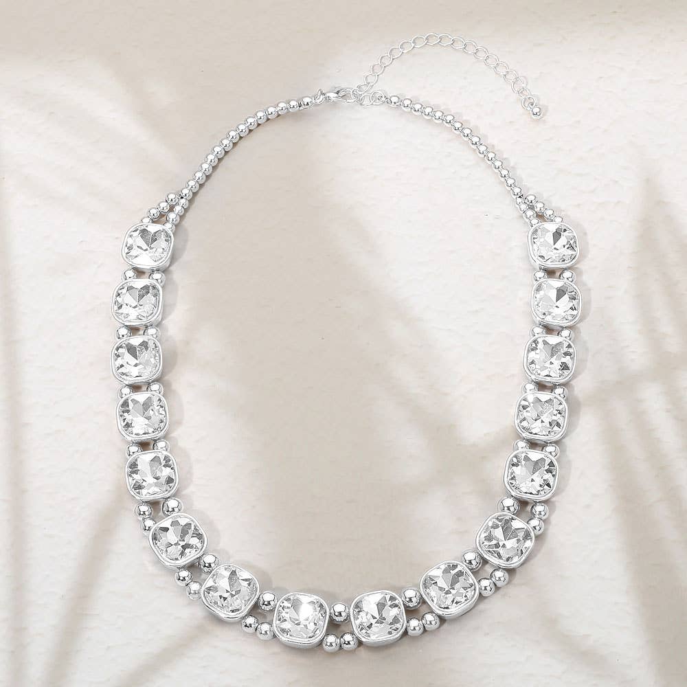 Clear Silver Square Faceted Stone Bezel Link Evening Necklace
