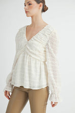 Ivory Sheer Textured V-Neck Blouse with Back Ribbon