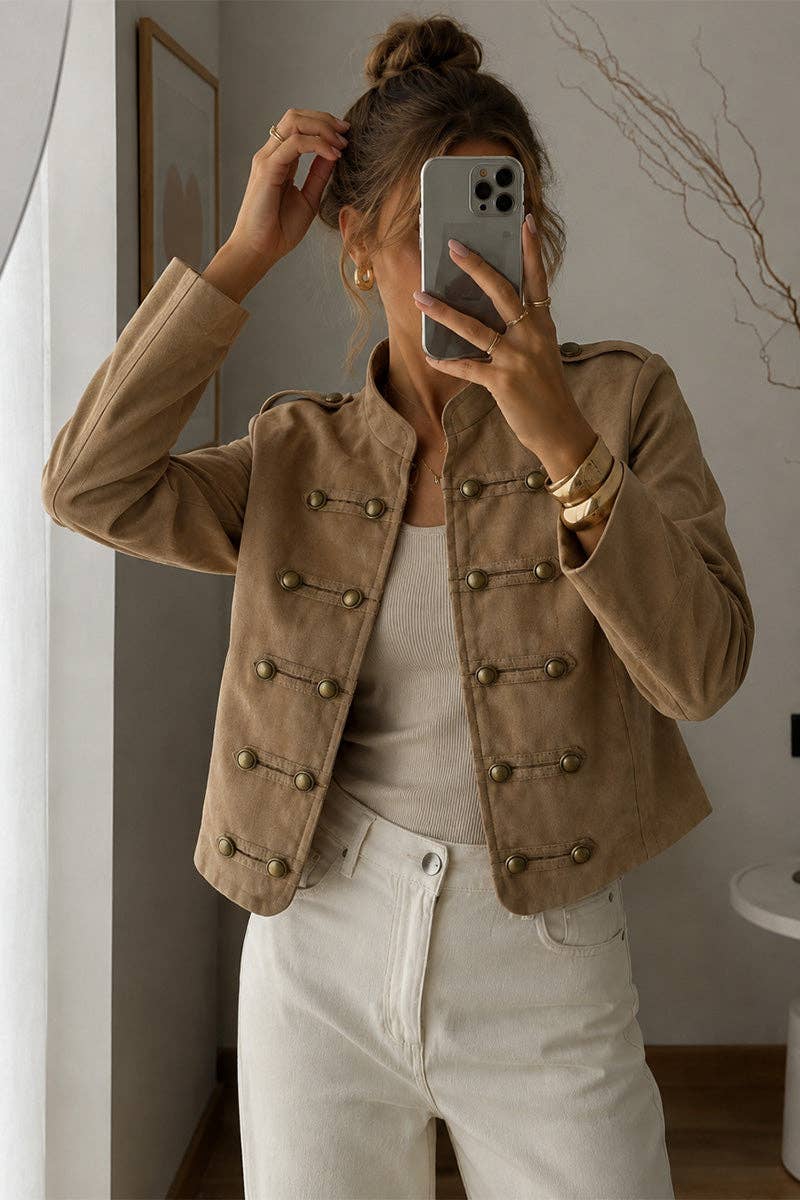 Khaki Military Button Stand Collar Jacket