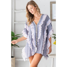 Blue Purple Washed V Neck Ruffle Mix Media Button Oli+Hali Top