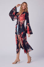 Black Coral Floral Ruffle Kimono