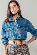 Blue Utility Cropped Drawstring Hem Stand Collar Denim Urban Daizy Jacket