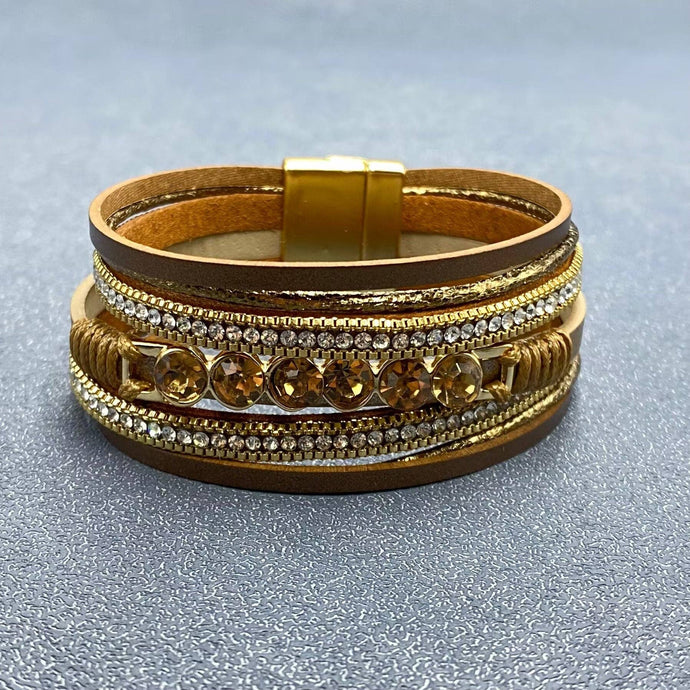 Brown Sparkling Rhinestones Multi-layer Leather Bracelet
