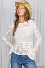 Off White Boat Neck Floral Lace Sheer Long Sleeve Top