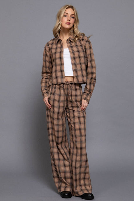 Khaki Brown Wide Leg Plaid Woven Pants