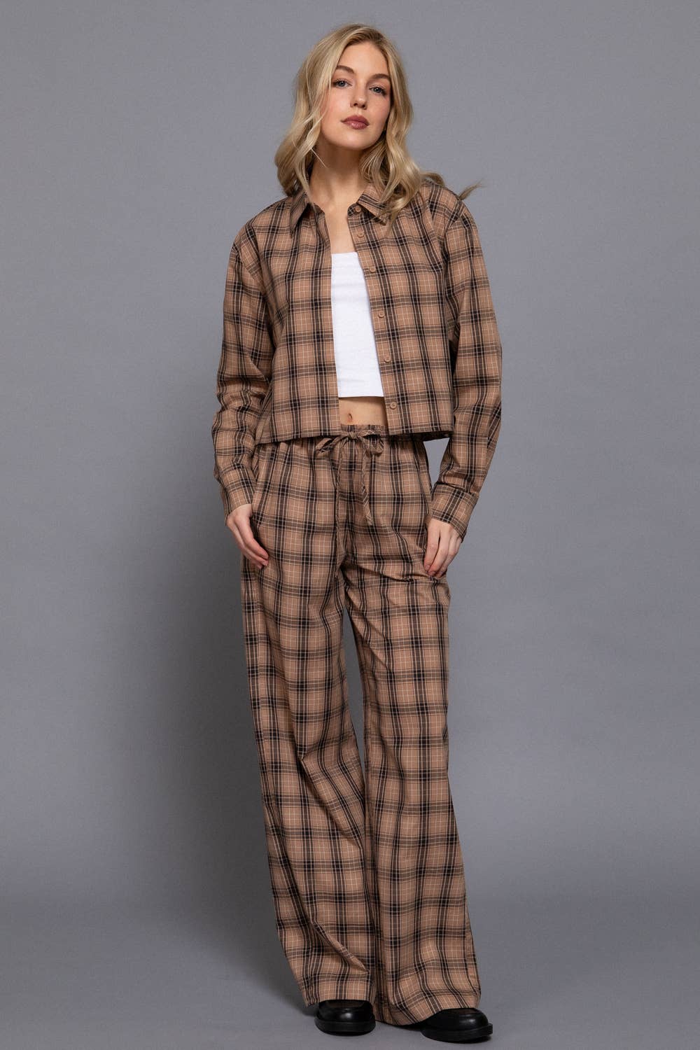 Khaki Brown Wide Leg Plaid Woven Pants