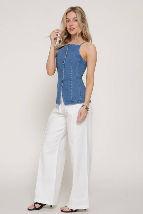 Denim Straight Neckline Stretch Denim Long Vest Top