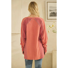 Rustic Red Washed Fabric Floral Embroidery Ruched Sleeve Oli+Hali Top