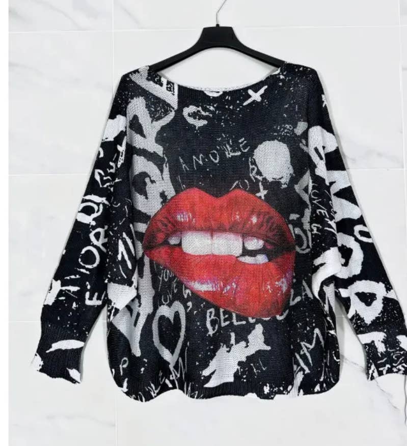 Black Red Lips Printed Sweater