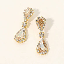 Saphire Silver Double Teardrop Accented Rhinestone Trimmed Dangle Evening Earrings